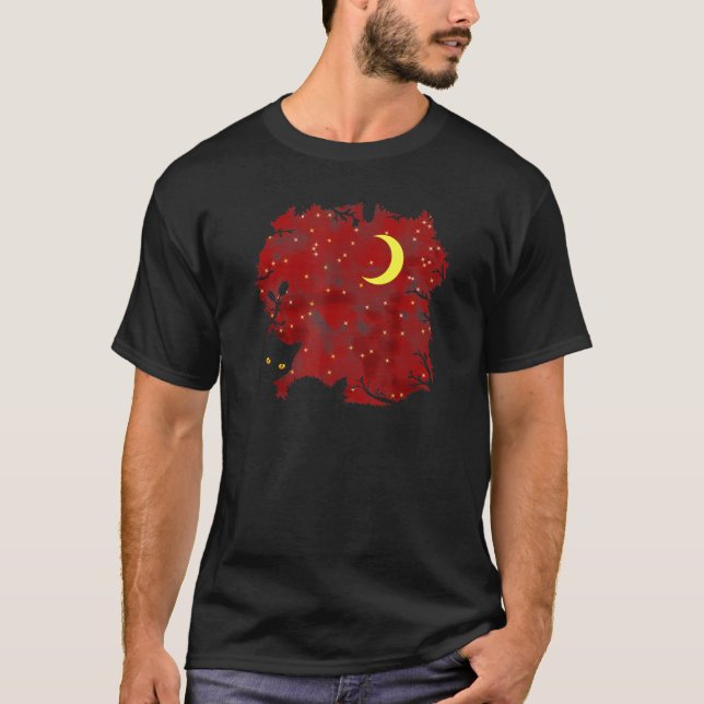 Roter Sternenhimmel eine Katze und der Mond - süße T-Shirt (Vorderseite)