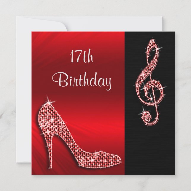 Roter Stiletto & Treble Cleft 17. Geburtstag Einladung (Vorderseite)