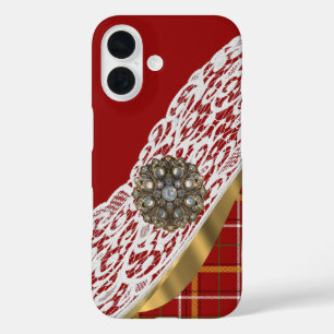 Roter Tartan kariert und Spitze iPhone 16 Hülle