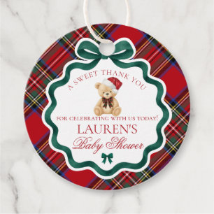 Roter Tartan Karo Weihnachtsbär Baby Shower Kreis Geschenkanhänger