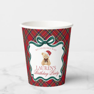 Roter Tartan-Karo-Weihnachtsbär-Geburtstagsfeier Pappbecher