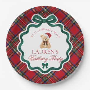 Roter Tartan-Karo-Weihnachtsbär Geburtstagsfeier Pappteller