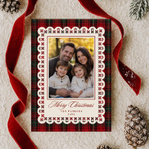 Roter Tartan-Spitzenstich-Rahmen Frohe Weihnachten