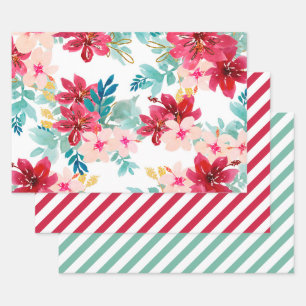 Roter Teal-Wasserfarben-Blumen-Streifen Geschenkpapier Set