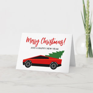 Roter Tesla-LKW mit Weihnachtsbaum im Heck Feiertagskarte