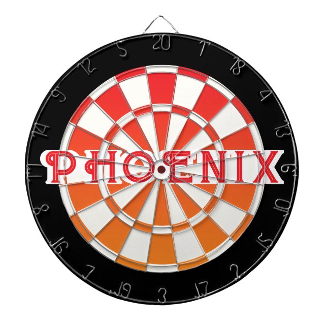 Roter Text von PHOENIX in rot-orangefarbenem Schwa Dartscheibe (vorne)