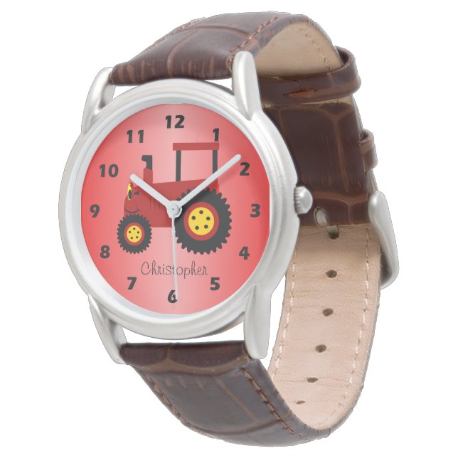 Roter Traktor Design personalisiert Armbanduhr (Schrägansicht)