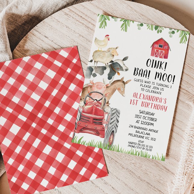 Roter Traktor Farm Tiere Oink Baa Moo 1. Geburtsta Einladung (Cute red tractor and farm animals first birthday invitation featuring some cute farmyard animals.)