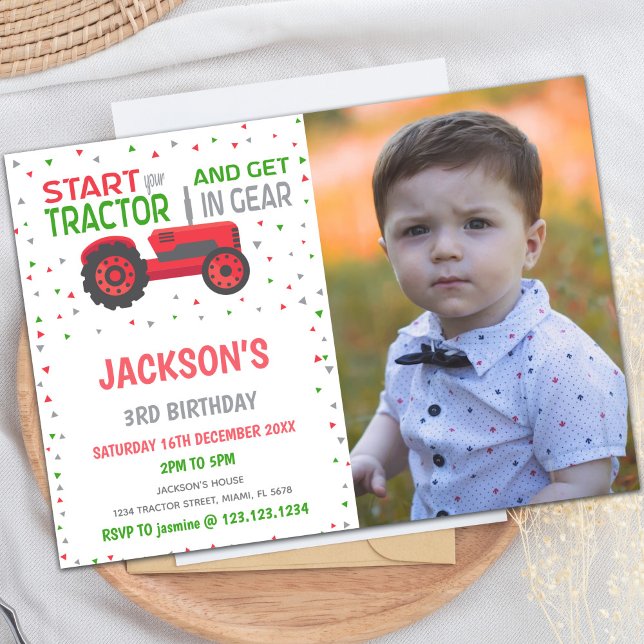 Roter Traktor Geburtstagseinladungen mit Foto Einladung (Red Tractor Birthday Invitations with photo)