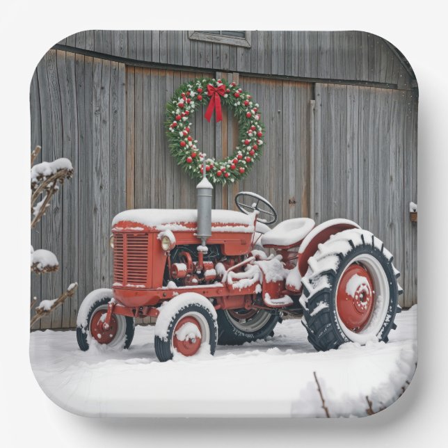 Roter Traktor mit Weihnachtskranz Pappteller (Vorderseite)