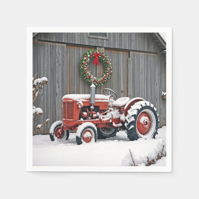 Roter Traktor mit Weihnachtskranz Serviette (Vorderseite)