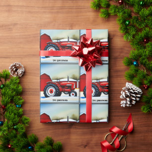 Roter Traktor und rote Scheune Geschenkpapier
