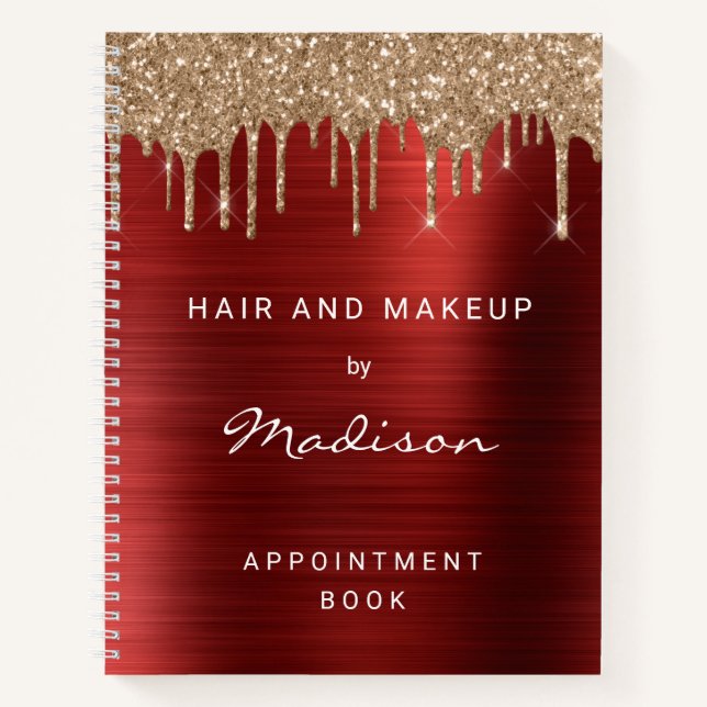 Roter Tropfen Glitzer Roter Brushed Metal Ernennun Notizbuch (Vorderseite)