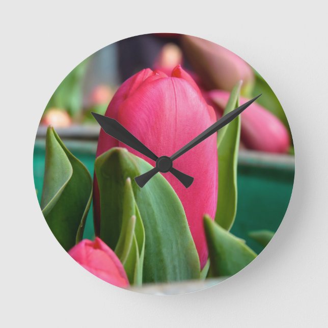 Roter Tulip in der Frühlingsmauer Runde Wanduhr (Vorderseite)