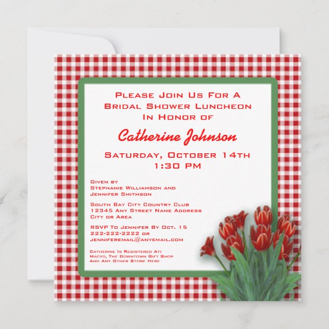 Roter Tulpe-Gingham überprüftes Einladung (Vorderseite)