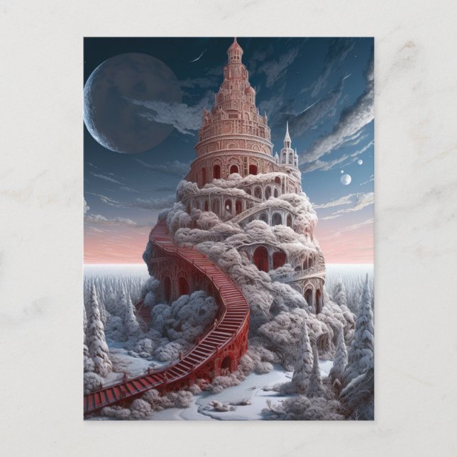 Roter Turm Winter Landschaft Fantasy Art Postkarte (Vorderseite)