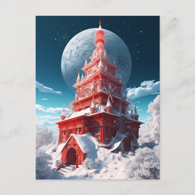 Roter Turm Winter Landschaft Fantasy Art Postkarte (Vorderseite)