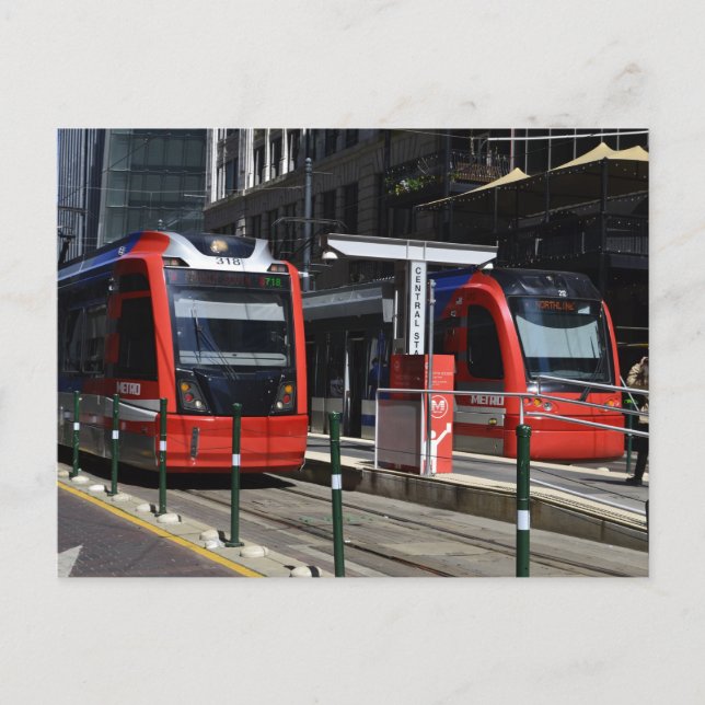 Roter U-Bahn-Zug Houston Texas US Postüberqueren Postkarte (Vorderseite)