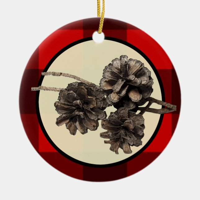 Roter u. schwarzer karierter Flanell u. Pinecones Keramikornament (Vorne)