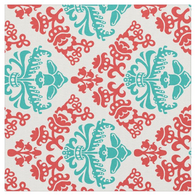 Roter und aquamariner Damast Stoff (Nahaufnahme)