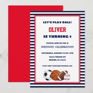 Roter und blauer Sport gestreift Geburtstag Einlad Einladung