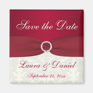 Roter und Elfenbein-Damast-Save the Date Magnet