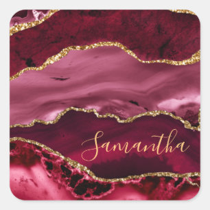 Roter und falscher Goldglitter-Marmor-Achat Quadratischer Aufkleber