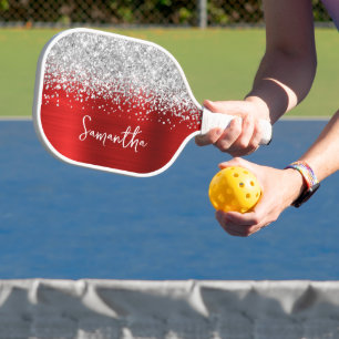 Roter und Glitzernder Silber Glam Schrift Name Pickleball Schläger