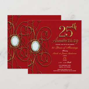 Roter und goldener eleganter Diamant 25. 25. Jubil Einladung