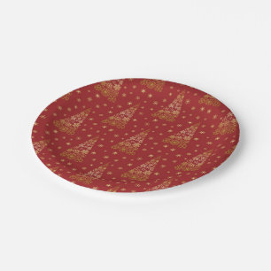 Roter und goldener eleganter Weihnachtsbaum Pappteller