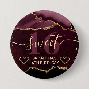 Roter und goldener Glitter-Achat-Marmor Sweet 16 Button