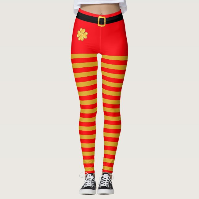 Roter und goldener Weihnachtself Gestreifte Leggin Leggings (Vorderseite)