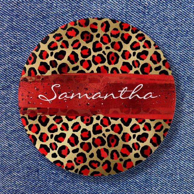 Roter und goldfarbener Leopard Pinselstrich Button (Red and Gold Foil Leopard Brush Stroke Button)