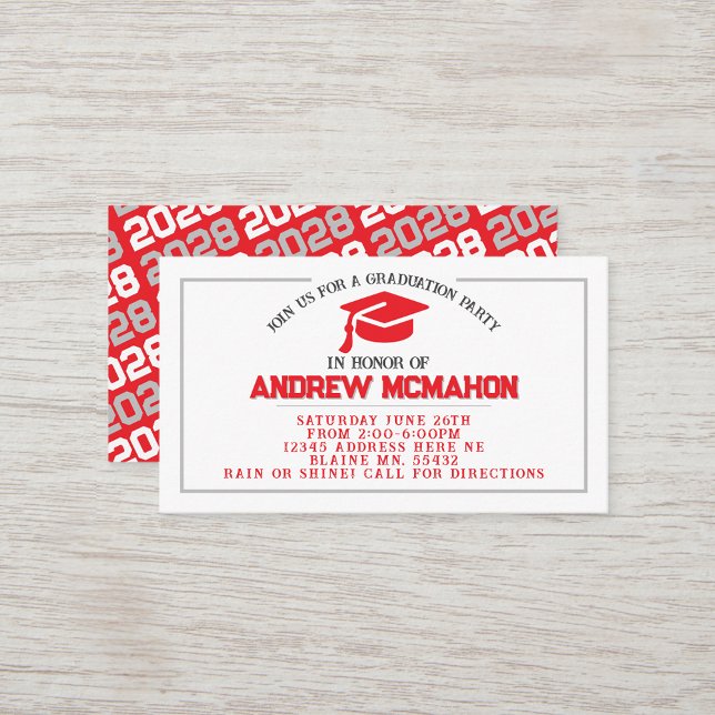 Roter und grauer Abschluss Einladung Einfügung (Red, White & Silver Grey Mini Graduation Invites for Friends, Team Mates or as Inserts!)