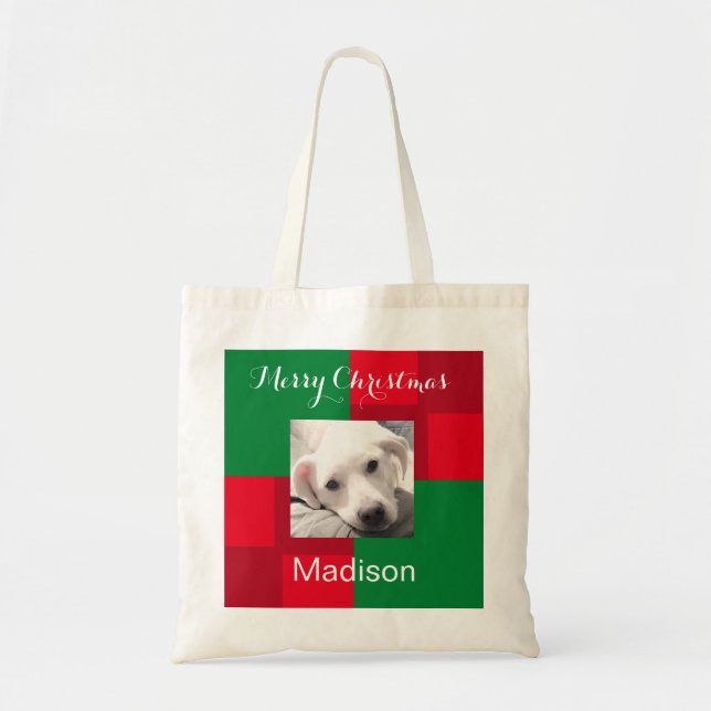 Roter und grüner Niedlicher Hund Foto Urlaub Tragetasche (Vorne)