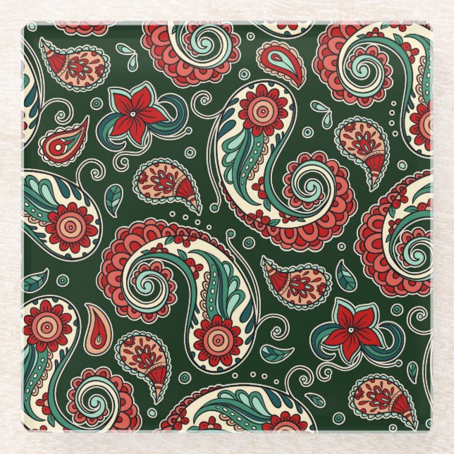 Roter und grüner Paisley-Getränkeuntersetzer Glasuntersetzer (Vorderseite)