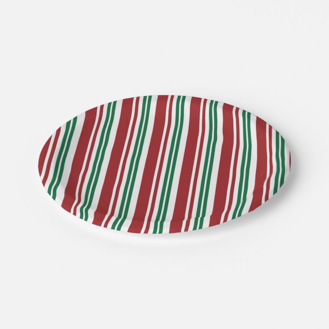 Roter und grüner Pfefferminzstreifen Pappteller (Schrägansicht)