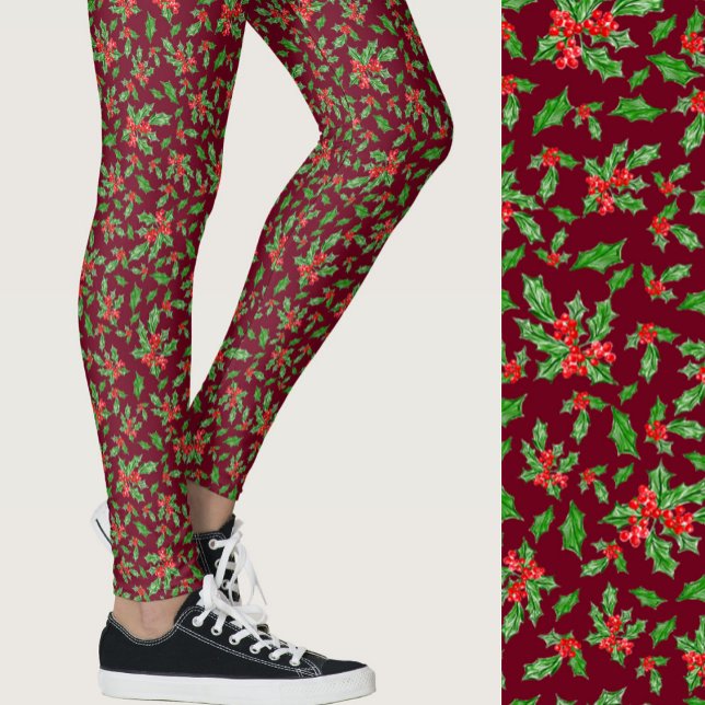 Roter und grüner Stechpalmen-Weihnachtsmuster Leggings (Von Creator hochgeladen)