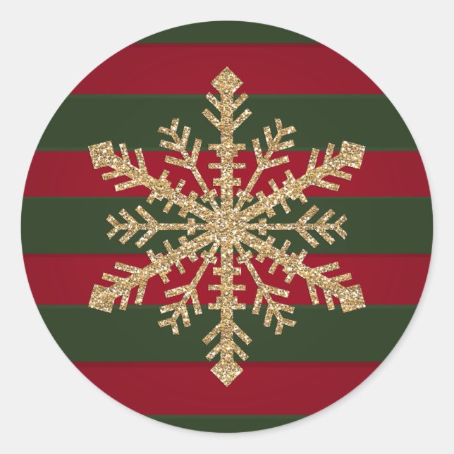 Roter und grüner Streifen mit Goldschneeflocke auf Runder Aufkleber (Vorderseite)