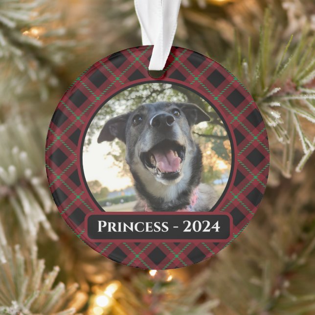 Roter und grüner Tartan Karierter Hund Foto Weihna Ornament (Baum)
