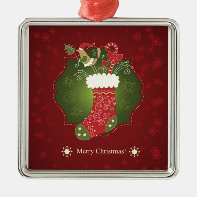 Roter und grüner Weihnachts-Strumpf Ornament Aus Metall (Vorne)