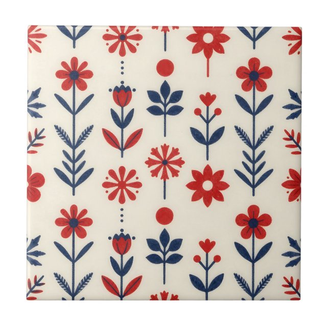 Roter und marineblauer Volksblumenmuster Fliese (Vorderseite)