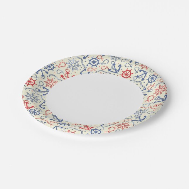 Roter und marinierter Hintergrund mit Anker Pappteller (Schrägansicht)