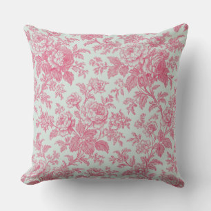 Roter und mintgrüner floraler Toile de Jouy Kissen