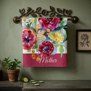Roter und orangener Aquarell-Blumenstrauß anpassba Geschirrtuch
