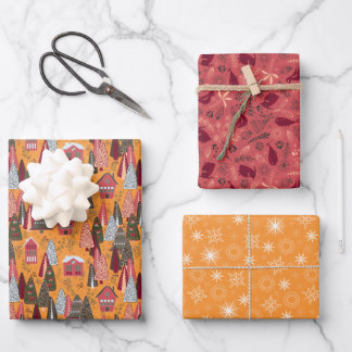 Roter und orangener Weihnachtswald-Dorf Geschenkpapier Set