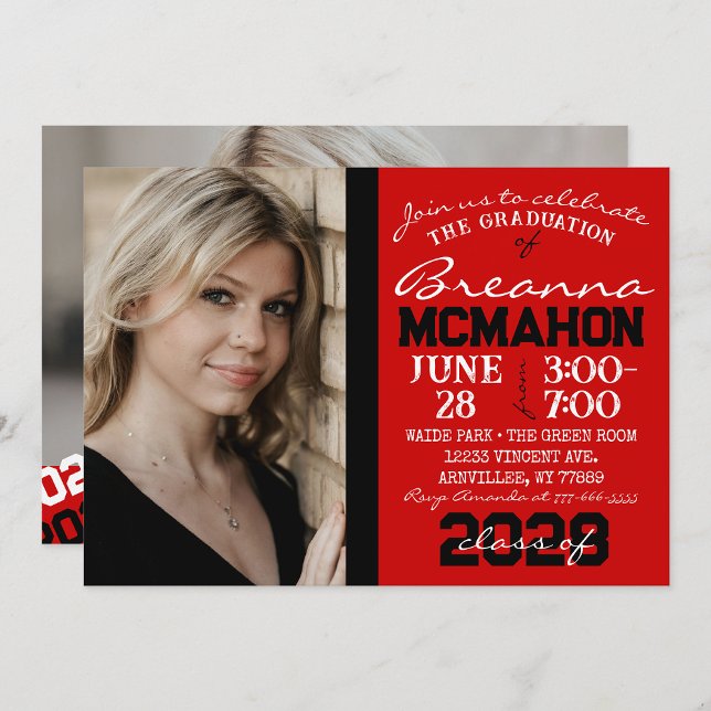 Roter und Schwarzer Abschluss 2 Foto Einladung ( Repeating Class Year 1 & 2 Photo Graduation Invitations & Announcements)