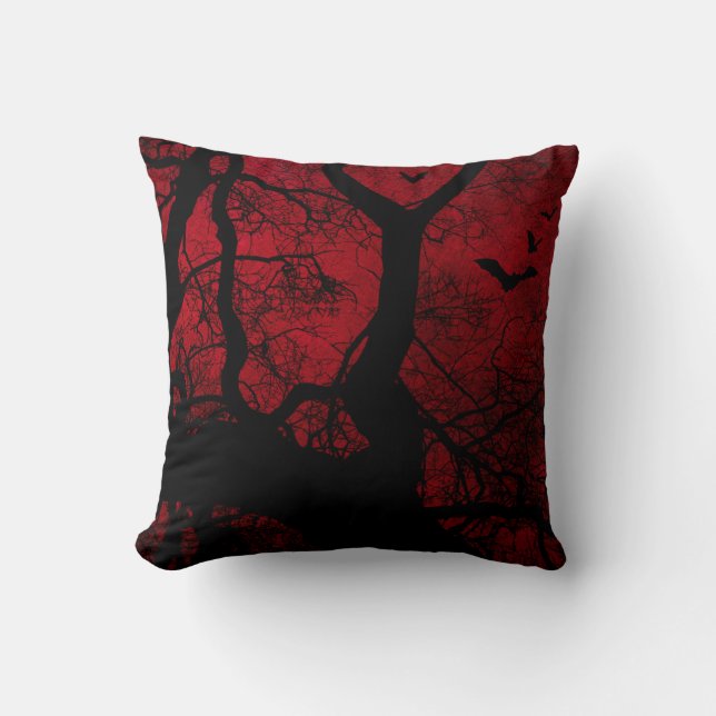 Roter und Schwarzer Baum und Fledermäuse Silhouett Kissen (Vorderseite)