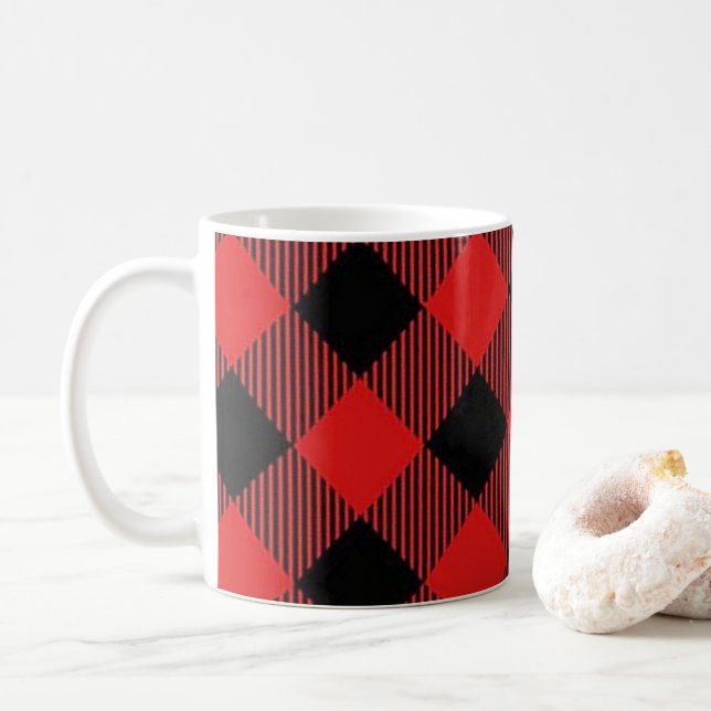 Roter und schwarzer Büffel-karierte Kaffee-Tasse Tasse (Mit Donut)