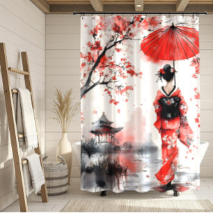 Roter und schwarzer floraler Geisha Duschvorhang